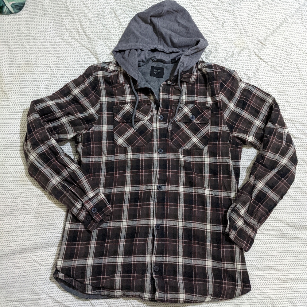 Globe hooded flannel button up jacket